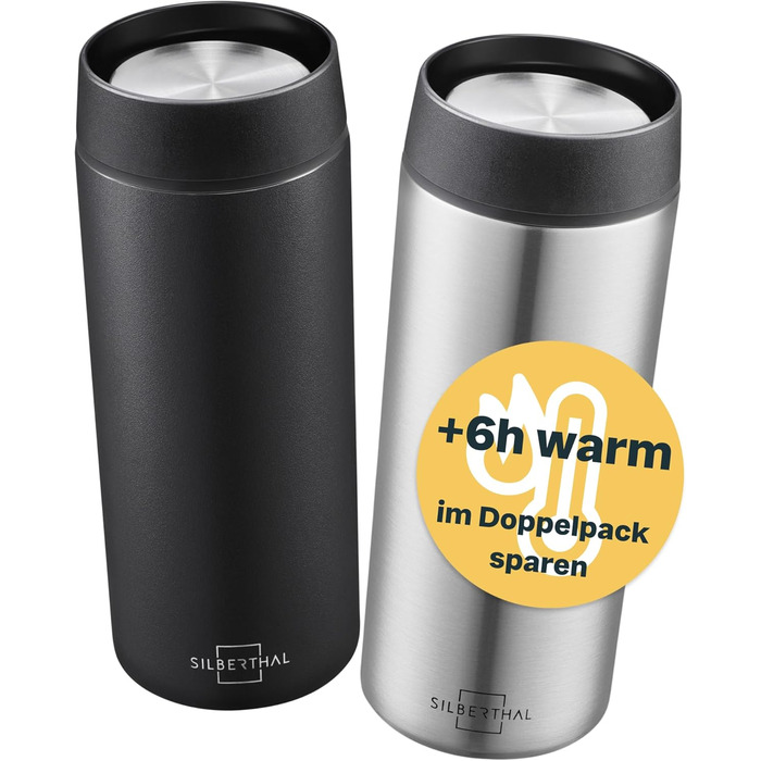 Термокружка SILBERTHAL 350 мл з нержавіючої сталі та керамікою – витримує до 6 годин тепла та 12 годин холоду (чорний + сріблястий)