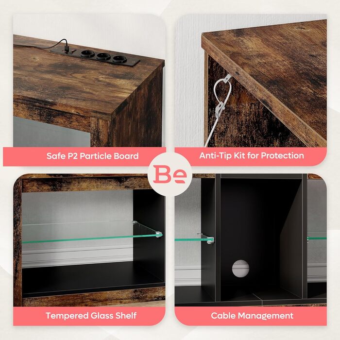Тумба під TV Bestier, 160x35x52 см, для телевізорів до 65 дюймів, з RGB-підсвічуванням, керуванням кабелів та регульованою скляною полицею (140 см + розетка), колір - коричневий