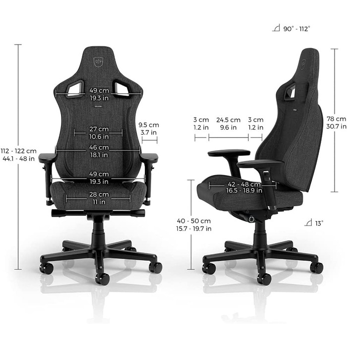 Крісло ігрове Noblechairs Epic Compact TX, ергономічне, сіре, з підтримкою голови та попереку, для тіла до 120 кг, дихаюча тканина