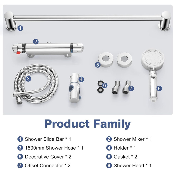 Змішувач для ванни з термостатом, накладний, хром, латунь, з кнопкою безпеки 38°C, для ванни, душ, термостат, водопровідний кран