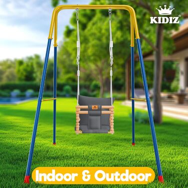 Дитячий гойдалка-колиска KIDIZ® для немовлят від 6 місяців та малюків до 3+ років. Дерев'яна гойдалка з регульованою висотою та м'якою подушкою. Для дому та вулиці, антрацит.