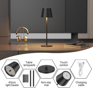 LED настільна лампа Coinmit 2 шт., бездротова, диммування, 3000K, 5000mAh, IP54, регульована висота, для дому та вулиці, чорна