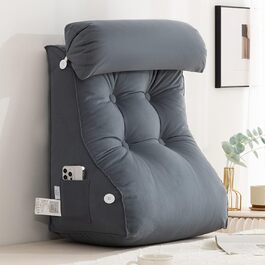 Подушка для читання COYEUX, велика подушка для ліжка з кишенею, спинка для телевізора, клиновидна подушка з підтримкою шиї, для сидіння в ліжку, на дивані або на підлозі (з підголовником) сіро-блакитна, ширина 55 см (з підголовником)