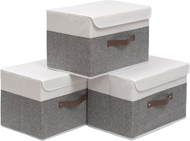 Ящики для зберігання OUTBROS з 3 предметів з кришками, 38 x 25 x 25 см, складні тканинні ящики, кошики для зберігання, органайзери для іграшок, одягу, книг, ST02BGS3 (сірий / білий, великий(3 упаковки))