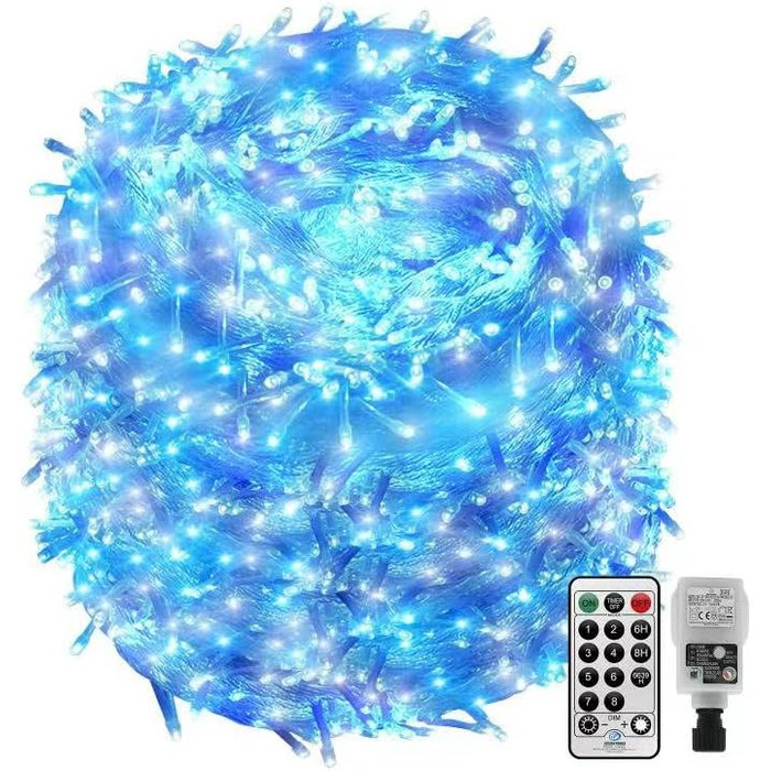 Гірлянда святкова 100 метрів, вологостійка, для дому та саду, з пультом та таймером, 8 режимів, біла/блакитно-біла