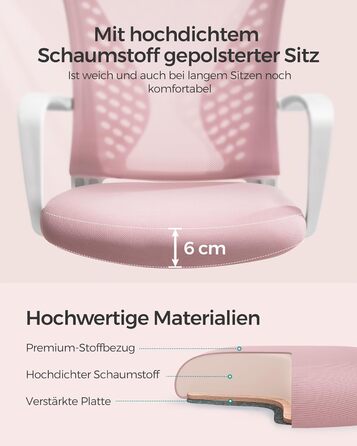 Ергономічне офісне крісло SONGMICS для комп'ютера, сітчасте стілець для робочого столу з функцією гойдання, регулюванням висоти, пастельно-рожеве, до 120 кг, OBN022GD01
