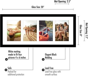 Американська квартира 20x50,8 см Фоторамка Колаж Чорний - Розмістіть три фотографії розміром 10x15 см на стіні - Фоторамка для кількох сімейних фотографій - Композитне дерево з небитким склом 8x20 з чотирма отворами 4x6