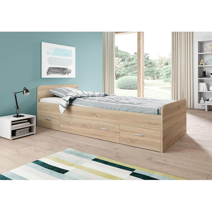 Сучасне односпальне ліжко Boro з 3 ящиками 90 x 200 см - Практичне двоярусне ліжко для молодіжної кімнати - (W/H/D) (95 x 66 x 204 см, дуб Sonoma)