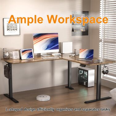 Електричний кутовий стіл BEXEVUE з регулюванням висоти 160x140 см, 3 функції пам'яті, антиколізійна технологія, ергономічний, коричневий