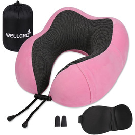 Набір подушок для шиї WELLGRO з 3D маскою для сну і затичками для вух - знімний чохол - Застібка-блискавка з піноматеріалу з ефектом пам'яті - в комплекті. Сумка для зберігання-Дорожня подушка - вибір кольору, Колір (Рожевий)