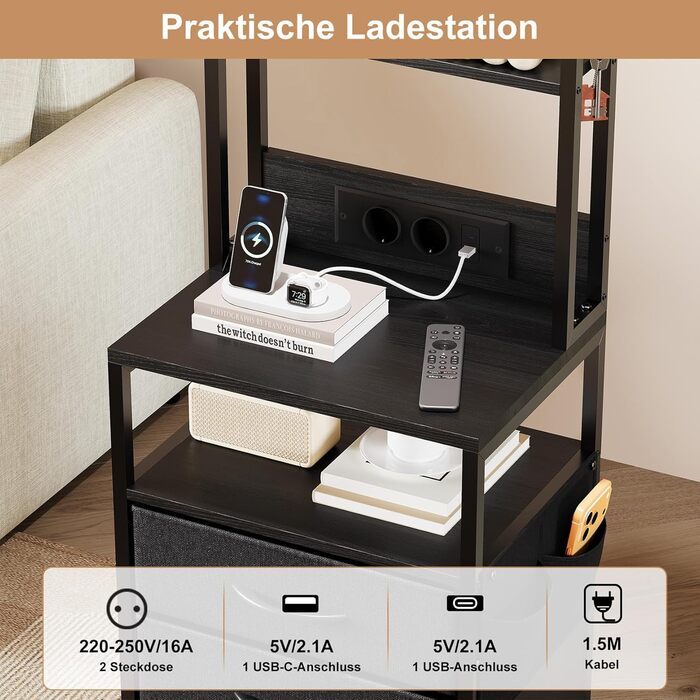 Нічний столик з підзарядкою та LED, приліжний столик з 3 висувними ящиками з тканини, нічник з полицею для книг, відкрите відділення, 2 розетки AC, 1 USB та 1 Type C роз'єми, для спальні, вітальні, офісу (Чорний) 40x30x60 см Чорний 1