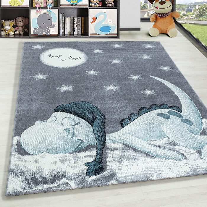 Дитячий килим HomebyHome з коротким ворсом, килим для дитячої кімнати з хмарою динозавра, м'який Сіро-блакитний, колірсиній, Розмір 160x230 см