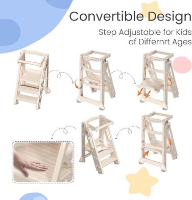 Стілець-сходилка для дітей Hoopyosms: регульована, складана, Montessori, для кухні, ванної, дитячої кімнати, 2-в-1 (Бежевий)
