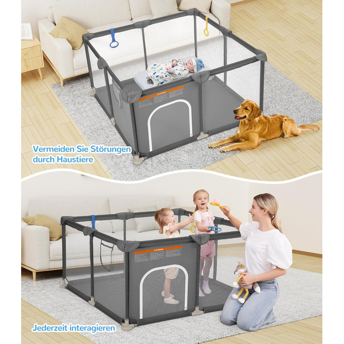 Дитячий манеж Dripex 124x124 см, сірий, з дихаючим мережем, Oxford 210D, для гри та безпеки