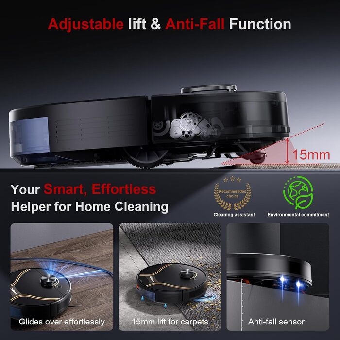 Робот-пилосос Chuboor з функцією миття 3 в 1, 6500Pa, LiDAR навігація, керування через додаток/WiFi/Alexa, автозарядка, 150 хв роботи, для шерсті тварин, килимів та твердих підлог, чорний