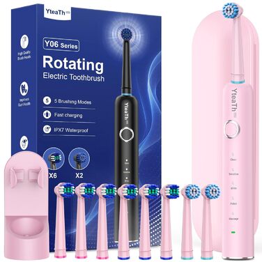 Електрична зубна щітка ротаційного типу для дорослих та дітей з 8 насадок, зарядний пристрій з підставкою на стіну, 5 режимів чищення та дорожній футляр, 60 днів роботи від акумулятора (рожевий)