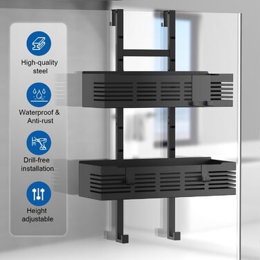 Настінна поличка для душу без свердління, чорна, для скляних душових кабін, регульована висота, 3 гачки для шампуню та гелю для душу
