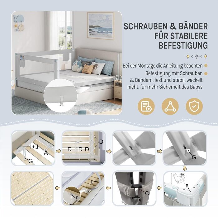 Бортик для ліжка WOLTU 150 см, захисний бортик для дітей та немовлят, висота регулюється 69-87 см, тканина Оксфорд, металевий каркас, світло-сірий