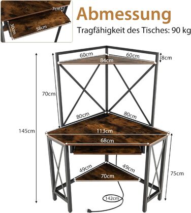 Стіл COSTWAY із зарядною станцією, кутовий комп'ютерний стіл із лотком для клавіатури та 2 полицями, металевий каркас офісного столу, робочий стіл для домашнього офісу, 80 x 80 x 145 см (вінтаж)