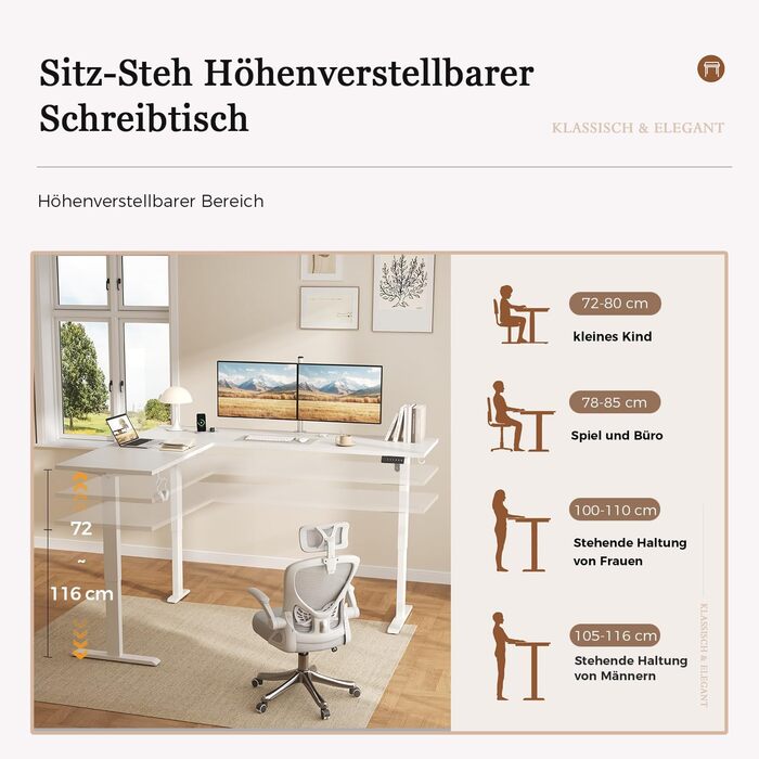 Електричний кутовий стіл Klicelor з регулюванням висоти, 190 x 155 см. 3 функції пам'яті, антиколізійна технологія, ергономічний комп'ютерний стіл, білий