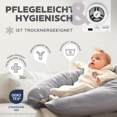 Подушка для вагітних та годування sei Design XXL (190x35 см), ергономічна подушка для сну з чохлом з біо-бавовни муслін, колір тауп