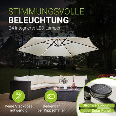 Парасолька від сонця Juskys Brazil 350 см з LED-підсвіткою, сонячною панеллю та ручкою, водовідштовхуюча, з UV-захистом, колір крем/сірий