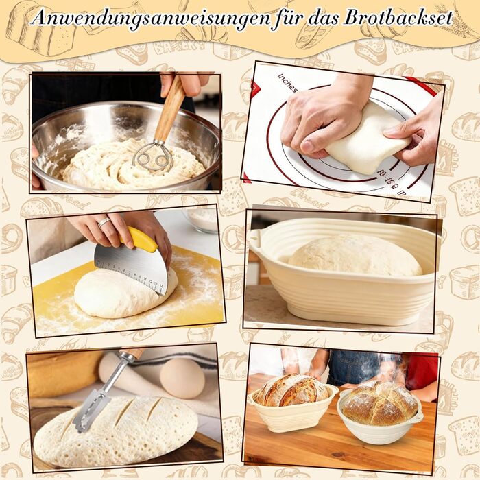 Набір для випікання хліба: 13 предметів, корзини для бродіння (овальна 28 см, кругла 25 см) з силікону, для початківців та професіоналів