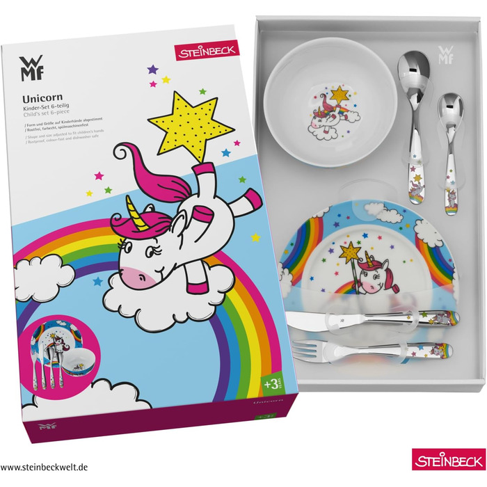 Набір дитячого посуду WMF Einhorn 6-частинний, нержавіюча сталь Cromargan, для дітей 3-9 років, придатний для миття в посудомийній машині