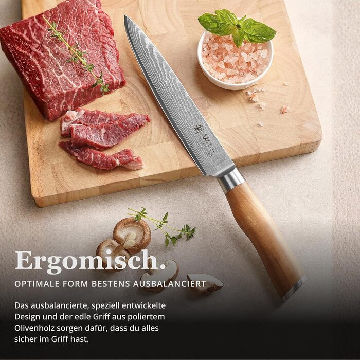 Ніж кухарський Wakoli з дамаської сталі (серцевина VG10) з 20 см лезом – гострий та збалансований – ніж з ручкою з оливкового дерева в подарунковій коробці – ніж кухарський з дамаської сталі для професіоналів та поціновувачів (ніж для нарізання)