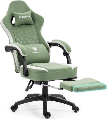 Ігровий крісло Dowinx з тканиною та кишеньковим пружинним матрацом, крісло для геймерів з масажем та підголівником, ергономічне гоночне ігрове крісло з підніжкою, висувна підніжка (зелений)