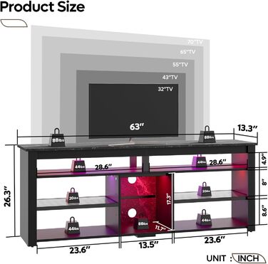 Тумба під телевізор Bestier 70 дюймів з LED-підсвіткою, для PS5, чорний мармур 160x33.8x66.8 см