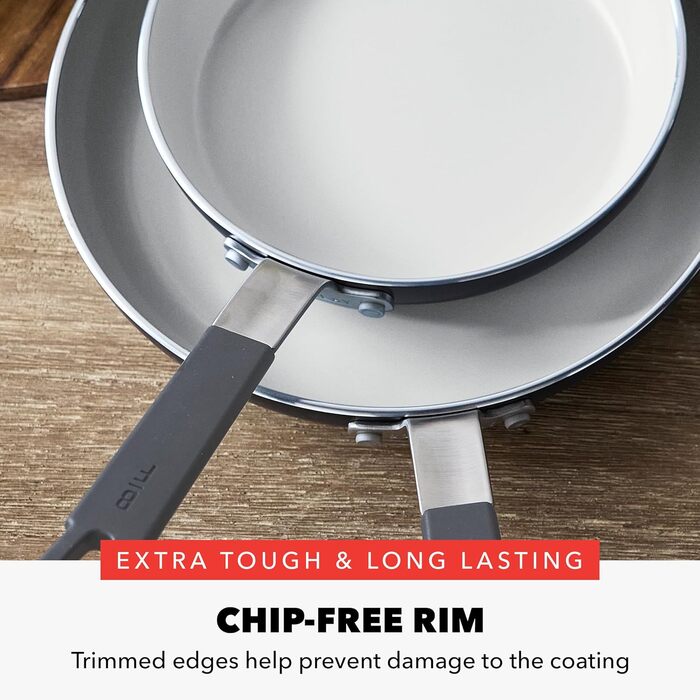 Набір сковорідок GreenPan x Bobby Flay, 20.3 см та 25.4 см, керамічне антипригарне покриття без PFAS та PFOA, індукційне, з силіконовим ручкою, придатні для миття в посудомийній машині та духовці, сірий