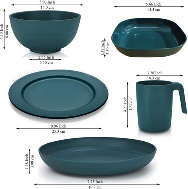 Набір посуду Kyraton з 20 предметів: тарілки, чашки, миски. Неймовірно міцний, легкий, для кемпінгу. Безпечний для миття в посудомийній машині. Підходить для 4 осіб (темно-зелений)