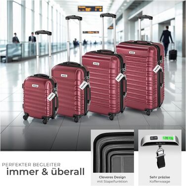 Набір валіз Tectake 4шт з ABS пластику, S-M-L-XL, з роликами, телескопічним ручками та замками, з ваговою шалькою та аксесуарами для валіз (Вишневий)