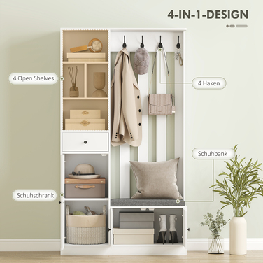 Шафа для одягу 180 см з вішалкою, полицею для взуття, 4 гачками, відкритими полицями, МДФ, білий