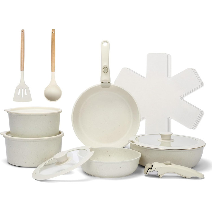 Набір посуду GFTIME 17-ти частинний з антипригарним покриттям Ceramic, для всіх плит (індукція), зі знімними ручками, 20/26 см скляні кришки, без PFOA/PTFE/PFAS