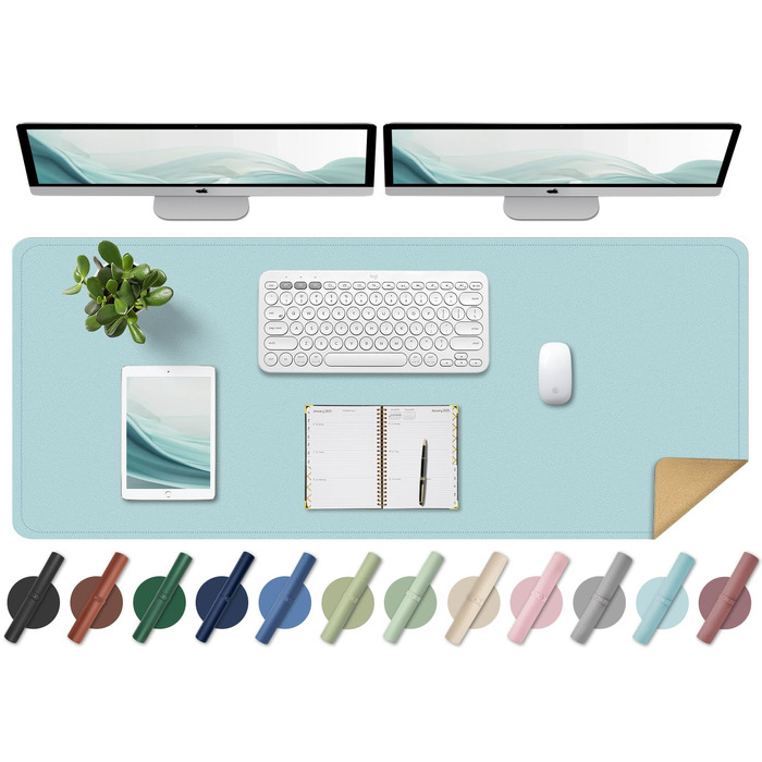 Шкіряний килимок для столу BLESWIN, великий протиковзаючий килимок для миші та ноутбука, підкладка для письма та декору робочого столу (140x43 см, блакитний)