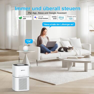 Повітряочисник для алергіків, квартири та кімнат для курців, з 2 HEPA фільтрами H13, для видалення шерсті тварин, плісняви, пилу, пилку та запахів, CADR 350 м³/год для 120 м², керування через додаток, таймер, тиха робота 22 дБ