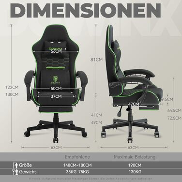 Ігровий крісло Dowinx з підголовником та підставкою для ніг, тканинне, з масажем, чорно-зелене