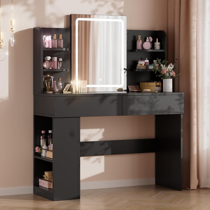 Великий туалетний столик Airfish з підсвічуванням 108x40 см, з дзеркалом та полицями, 2 шухляди, регульована яскравість, 3 кольори, для спальні/вітальні (білий туалетний столик) (чорний туалетний столик)