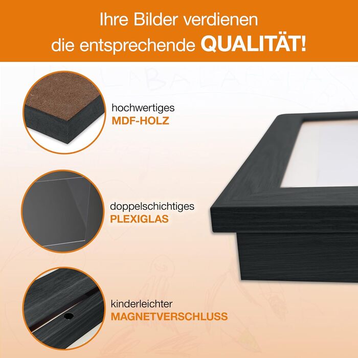 BALA® Преміум рамки для фотографій - 2 шт. A4, для дитячих малюнків та творчих робіт, з фронтальною відкриваністю та кріпленням для підвішування або встановлення, вміщують 120+ зображень (Чорний)
