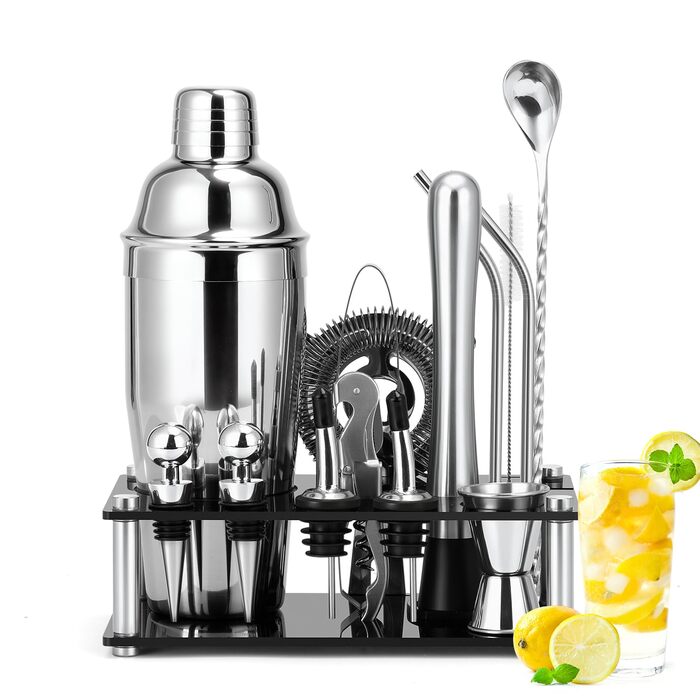 Набір для коктейлів Cinnani 750 мл зі стійкою, 15 предметів, нержавіюча сталь - професійний набір бармена для приготування коктейлів, подарунковий комплект