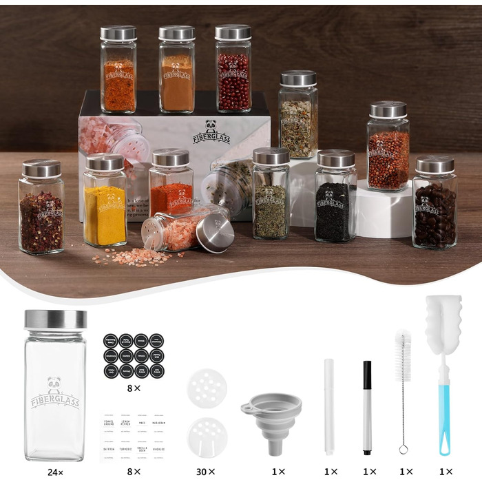 Набір скляних банок для спецій з дерев'яними кришками з акації, 24 шт по 120 мл (кутові)