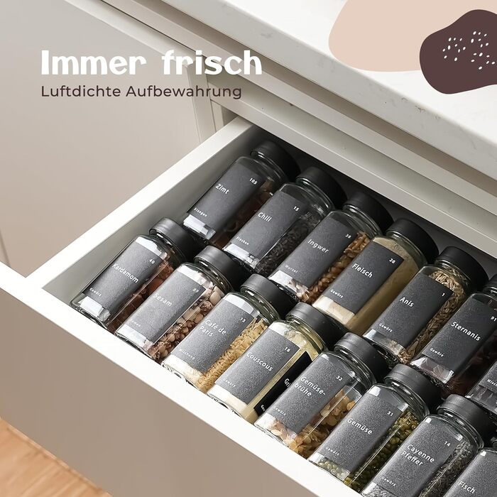 Набір баночок для спецій - 24 шт. з етикетками та бамбуковими кришками, 120 мл, з дозаторами та аксесуарами. Чорні кришки