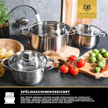 Набір каструль Karl Hausmann з нержавіючої сталі (індукційні) 3 шт. - для всіх типів плит - з кришкою з термостійкого скла - з мірною шкалою