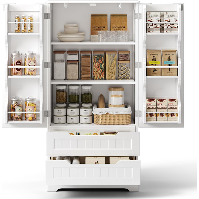 Високий шкаф Bealife для кухні, буфе́т з 2 шухлядами та 2 дверцятами, білий. Підходить для кухні, їдальні та вітальні.