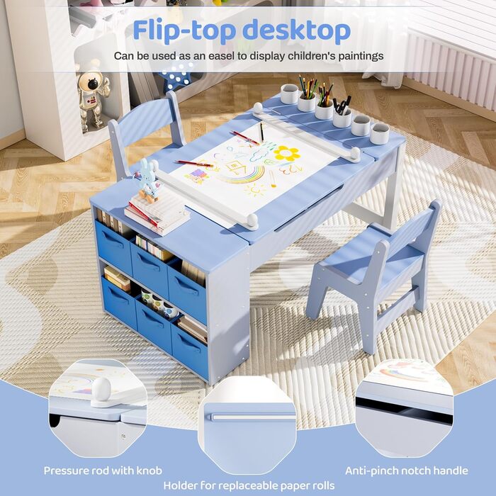 Дитячий стіл MAMIZO з 2 стільцями: дерев'яний стіл для ігор з місцем для зберігання, комплект меблів для дітей, стіл для малювання та рукоділля, від 3 років (блакитний)