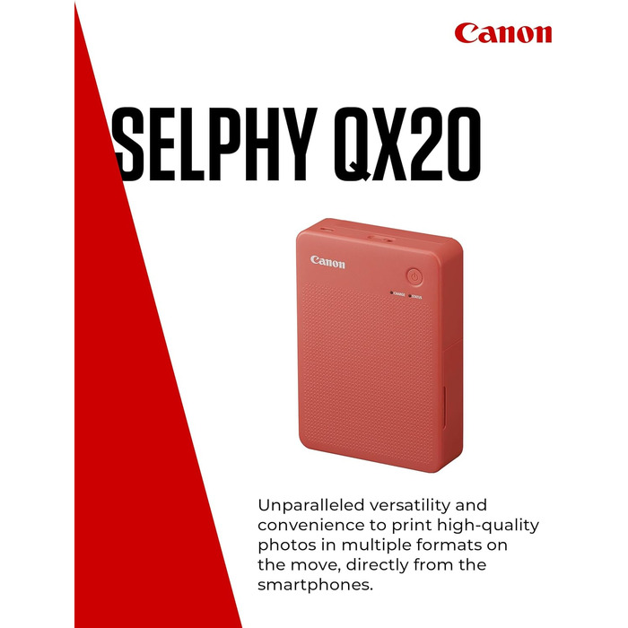 Canon Selphy QX20: Портативний фотопринтер для смартфонів. Друк через Wi-Fi, термосублімація, 2 розміри наклейок, зарядка USB-C. Колір: теракота (без чорнил/паперу)