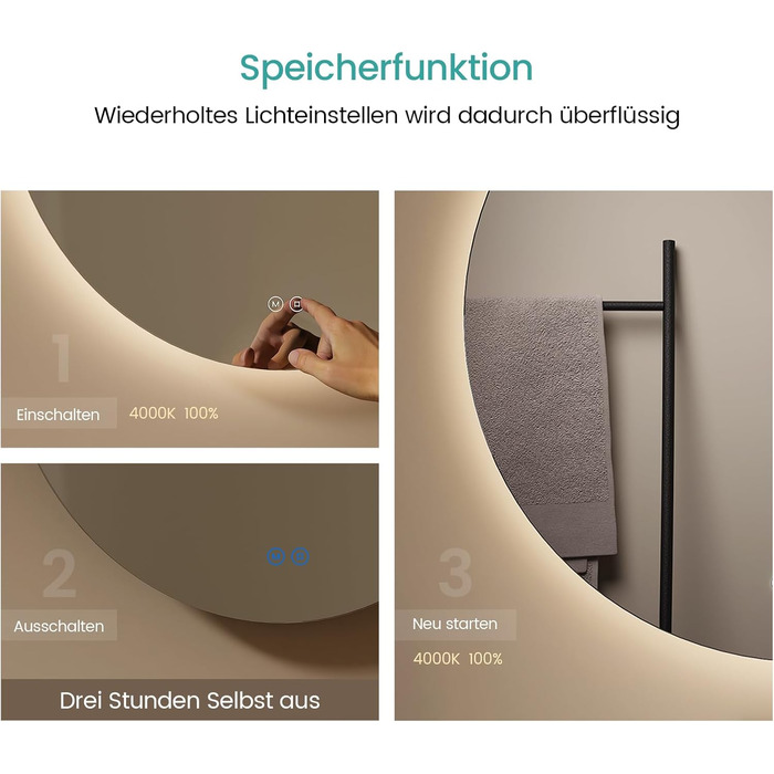 Дзеркало для ванної кімнати EMKE круглої форми з підсвічуванням 80 см – кругле дзеркало з 3 кольорами світла, регулюванням яскравості, сенсорним управлінням, функцією пам'яті, енергозберігаюче – для ванної кімнати та на стіну (60L x 60B cm)