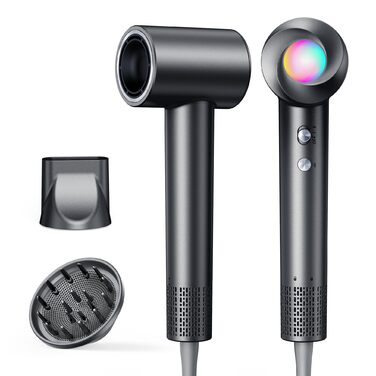 Іонний фен для волосся з дифузором, професійний стайлер 150 000 об/хв, 8 режимів температури з LED-дисплеєм, для кучерявого та густого волосся, чорний